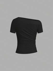 Ellevyn Camiseta de mujer casual de cuello asimétrico arrugado, para el verano - Café integral - Ver 6