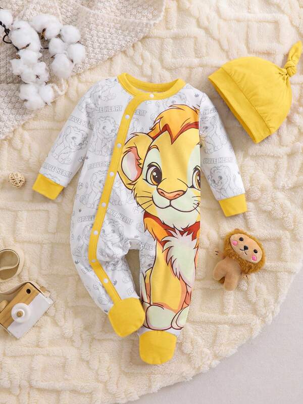 Set de 2 piezas de pelele de manga larga con cuello de sobre y estampado de león adorable y gorro para recién nacido niño, pijamas suaves y cómodos