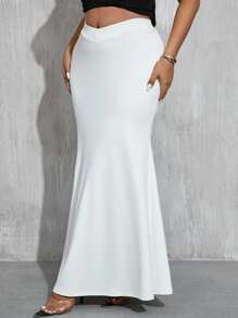 Firerie Plus Size Elegant Office Commute High Street Personalized Occasion Maxi Skirt, Wedding Season, Romantic Date, Music Festival, Dinner Party, V-Neck, Bodycon Fit, Solid White, For Back To School - White - View 9