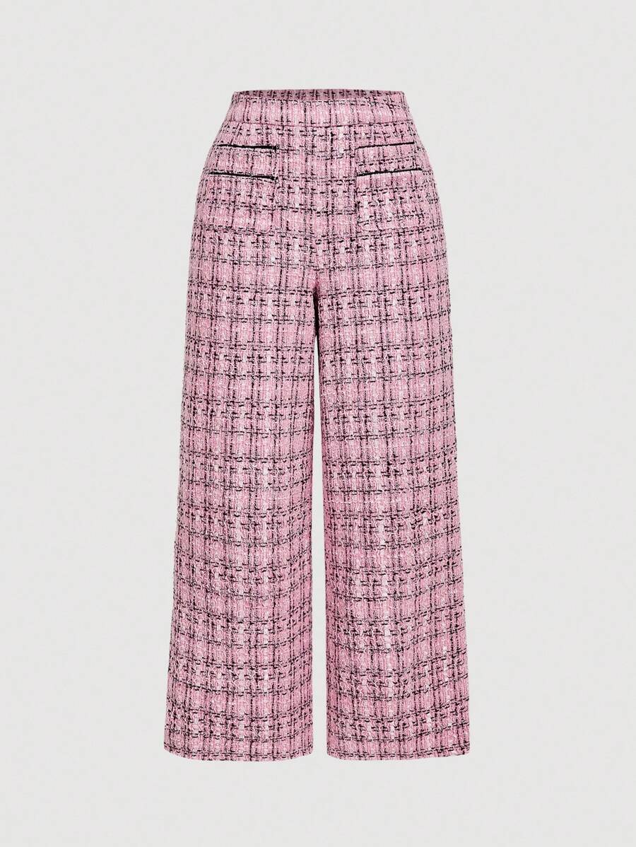 SHEIN MOD Pantalones de tweed con bolsillos y ribete de color contrastante para mujer - Rosa - Ver 1