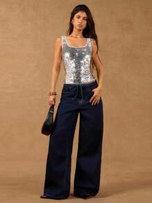 SHEIN Forever 21 Fall&Winter Halloween Christmas New Year Going Out Graduation Prom Elegant Formal Luxury Chic Business Casual Birthday/Office Outfits/Country Concert/Club Outfits Sexy/Western/Work Clothes/Streetwear/Vintage/Festival/Cocktail/Rave/Prom/Hawaii/Airport/Funny/Basic/Brunch Outfits/2000s Style/Bodycon/Old Money Style/Church/Homecoming/Classy/Party/Modest/Date Night/Autumn/Winter/Gold/Sequin/Quare Neck Metallic Color Wide Strap Cropped Fitted Fashionable Top - Grey - View 4