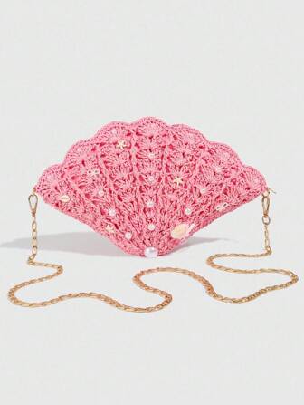 Fairycore 1 pezzo Borsa a tracolla in stile spiaggia tropicale all'uncinetto adorabile, con fiocco di perle per decorazione, borsa a tracolla per donne in vacanza