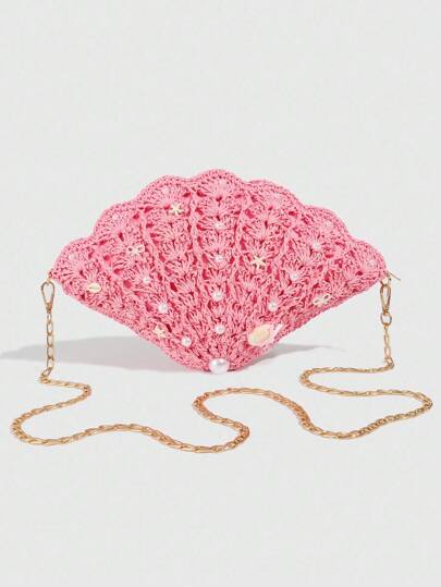 Fairycore 1pc Adorable Tropical Beach Style Crochet Shoulder Bag, Pearl Bow Decor Women Holiday Messenger Bag