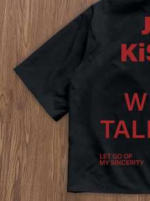 Manfinity Roghcode 男士夏季休闲宽松标语印花黑色衬衫