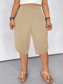 SHEIN CURVE+ Plus Size Women Casual Pants, Textured Fabric - Khaki - View 3