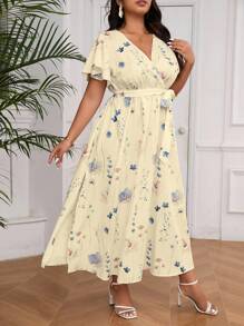Firerie Plus Size Casual V-Neck Loose Fit Tie-Belt Random Floral Print Split Hem Summer Vacation Dress For Women,Beach Dress Sundress,Holiday Outfits Boho Spring - Apricot - View 6