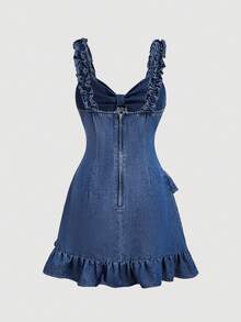 SHEIN Tall Women's Knotted Ruched Denim Dress, Fashionable For Dates And Parties - Blue - View 2