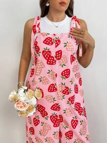Sunnyshic Tuta larga con stampa di fragole e fiocco, per donna taglie forti, adatta per vacanze, appuntamenti e feste