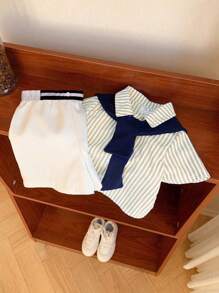SHEIN 男童休闲条纹短袖披肩领衬衫和宽松短裤套装 - 彩色 - 查看 7