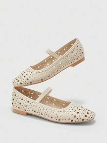 CUCCOO BIZCHIC 女士圆头平底鞋，松紧带穿孔图案透气休闲优雅通勤白色鞋 - 米色 - 查看 6