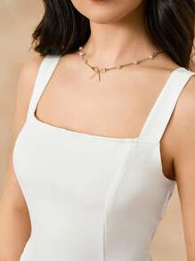 SHEIN 女孩简约复古方领无袖高腰中长款白色秋千连衣裙，优雅百搭，适合夏季 - 白色 - 查看 5