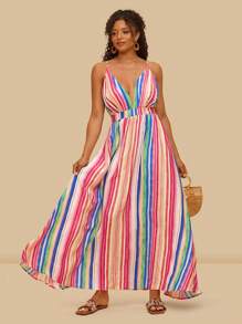 SHEIN VCAY 夏季大码女式深V领条纹性感吊带背心连衣裙 - 彩色 - 查看 6