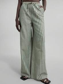 Ontre Conjunto de 2 piezas de pantalones a rayas de lino y camiseta para mujer, atuendo casual de negocios, adecuado para salidas, playa, vacaciones, festivales de música, estilo bohemio, otoño