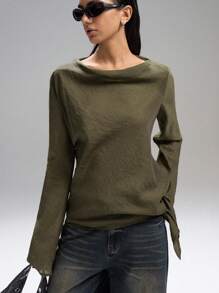 LYSMO 休闲纯色船领长袖前系带 T 恤