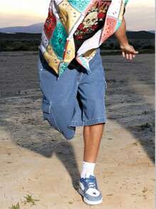 Claim Dot Plus Size Men's Solid Color Casual Loose Pocket Denim Shorts Men Baggy Jeans Shorts