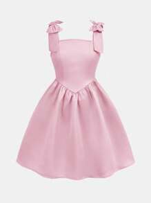 SHEIN 少女优雅缎面蝴蝶结细肩带派对连衣裙，粉色 - 粉色 - 查看 6