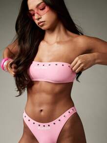 Missguided x Playboy Studded Bandeau High Cut Bikini Set With Silver Grommets Swimming Summer Beach Poolside Resort Wear