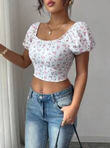 Rafferiza Women Elegant Ditsy Floral Square Neck Short Sleeve T-Shirt Floral Crop Top Vacation - Multicolor - View 5