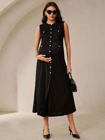 MaterniWear New Pregnant Women's Casual & Elegant Round Neck Sleeveless Buckle Decor Fishtail Skirt Bodycon Maxi Dress, Black Textured Knit  Office Dress  Work Outfits For Women    Work/Office  Women's Button Dress