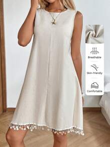 SHEIN LUNE Váy đi nghỉ tua rua eo rút dây cho nữ - Màu be - Xem 1