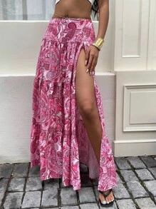 SHEIN Unity 女式夏季性感度假波西米亚风佩斯利印花多层下摆高开衩裙 - 粉色 - 查看 1