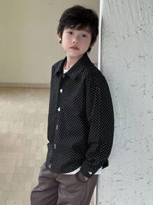 Dazy Kids Plus Size Boys' Polka Dot Loose Casual Turndown Collar Long Sleeve Shirt, Autumn - Black - View 1