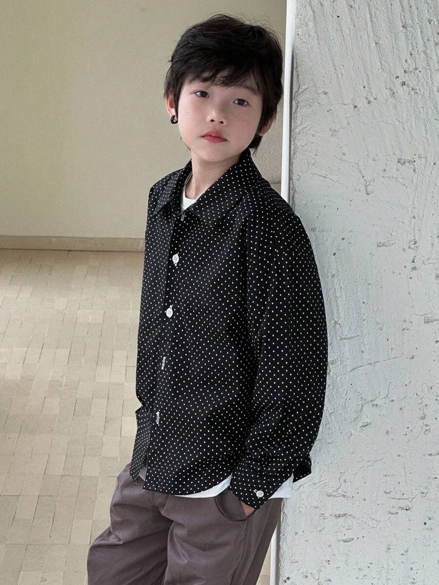Dazy Kids Plus Size Boys' Polka Dot Loose Casual Turndown Collar Long Sleeve Shirt, Autumn - Black - View 1