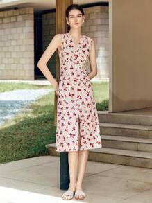 Chiquease Robe longue femme sans manches à col V avec boutons effet perle et imprimé floral rouge - Nude - Voir 4