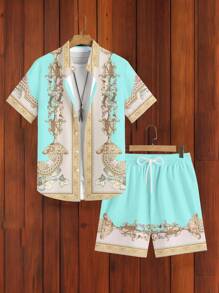 Manfinity Swimmode 男士花卉印花短袖衬衫和短裤休闲套装，适合度假 - 彩色 - 查看 4