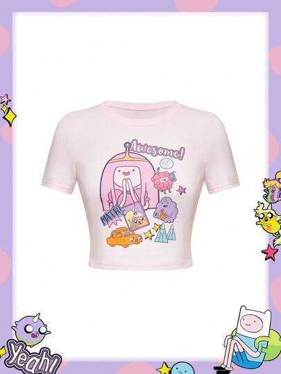 Adventure Time X ROMWE Camiseta rosa ajustada y corta con estampado de dibujos animados lindos, para verano
