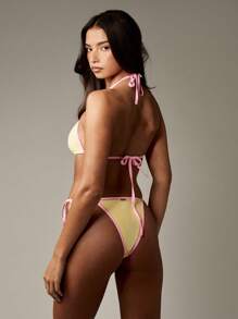 Missguided x Playboy Triangle Bikini Set Contrast Binding Beach Swimming Pool Halter Top Side Tie Bottoms Summer Resort Swimsuit Beachwear - Yellow - View 2