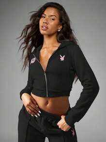 Missguided x Playboy 兔子标志短款拉链连帽卫衣，带有数字 53 细节，现代运动秋冬休闲街头服饰 - 黑色 - 查看 7