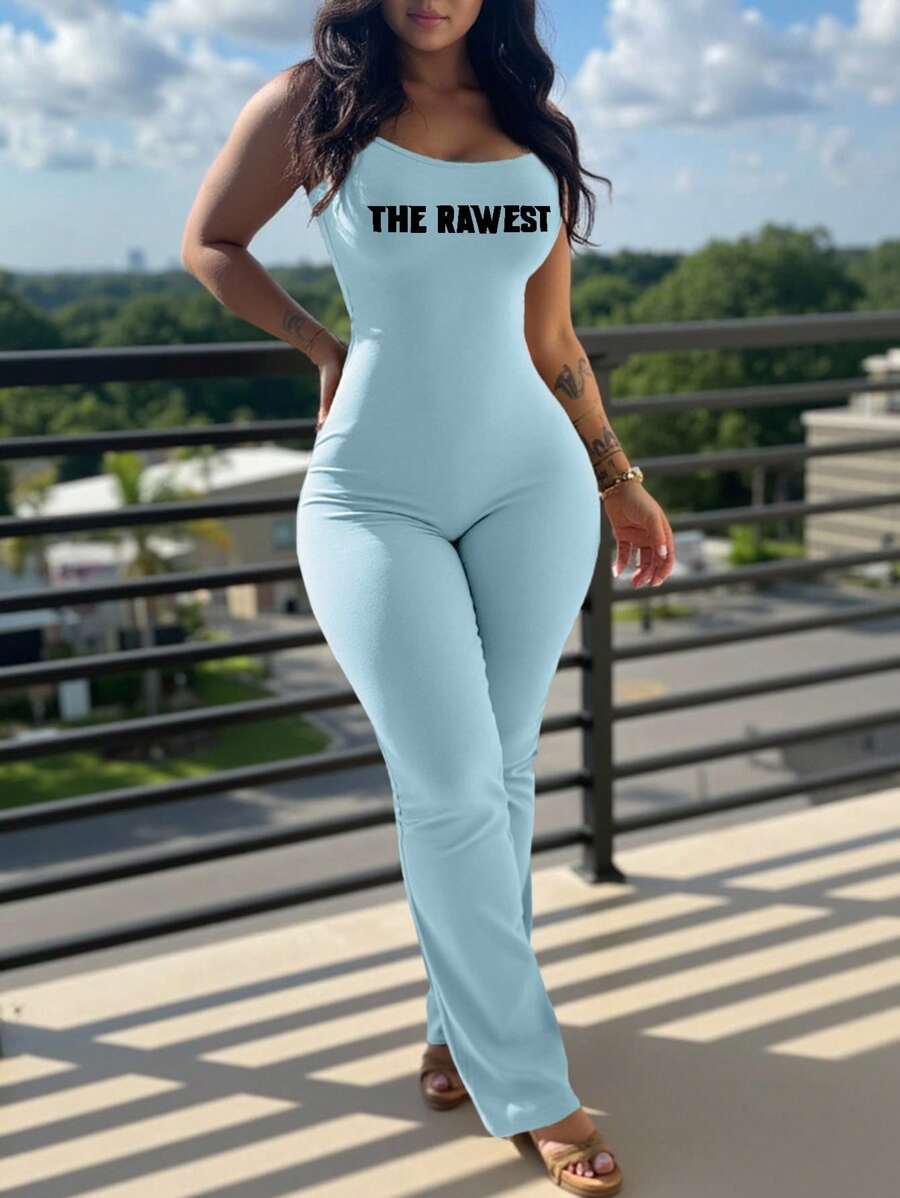 SHEIN Mono de verano para mujeres con estampado de letras - Celeste - Ver 1
