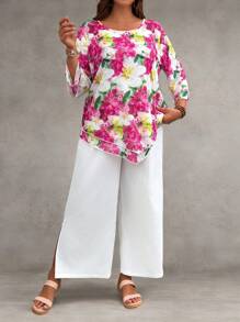 EMERY ROSE Plus Size 2 Pieces Set Floral Print Round Neck Double Ruffle Trim Blouse & Slit Hem Straight Leg Pants,White Autumn Boho Flowy Vacation Holiday Outfit - Multicolor - View 3
