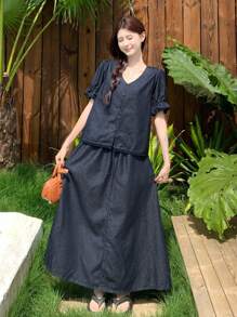 DAZY 女士休闲水洗衬衫和牛仔裙两件套 - 藍色 - 查看 4