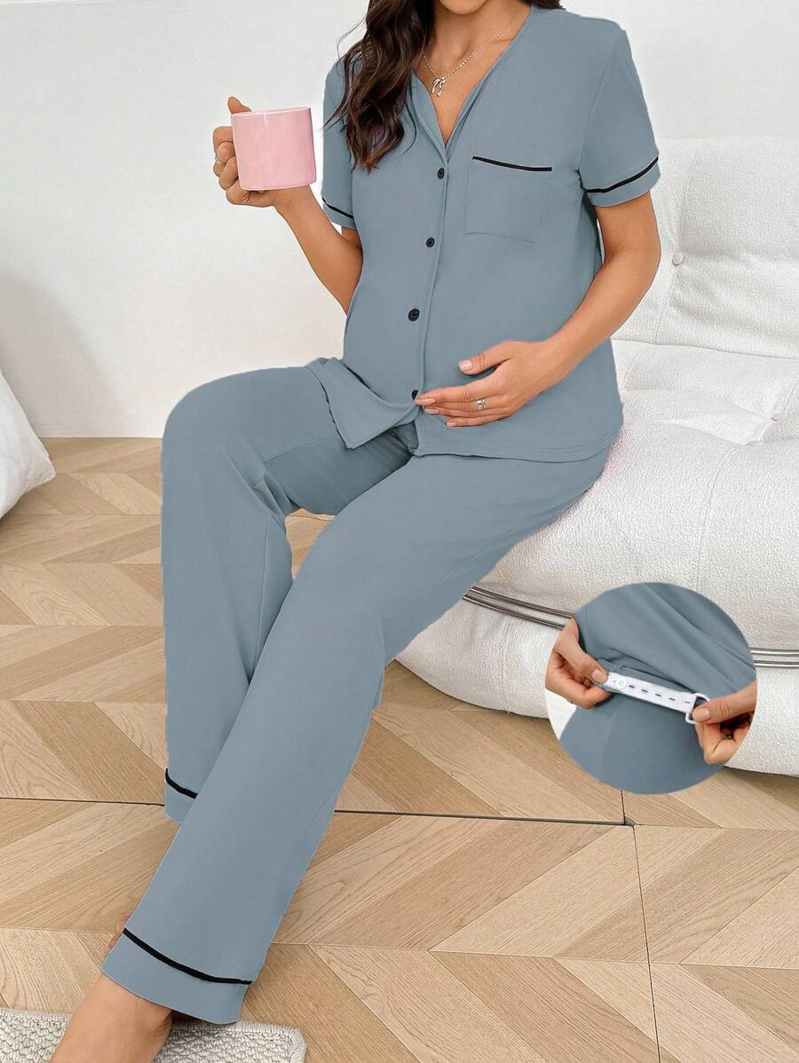 Moonlight&Mama 孕妇撞色前扣短袖上衣和长裤睡衣套装 - 藍色 - 查看 1