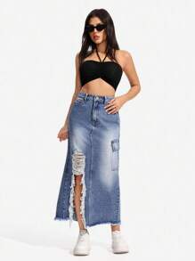 SHEIN PETITE Women Casual Washed Open Pocket Distressed Denim Mini Skirt For Summer - Blue - View 5