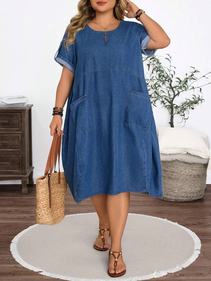 EMERY ROSE Plus Size Women's Denim Pocket Dress For Summer - Dark Wash - View 1
