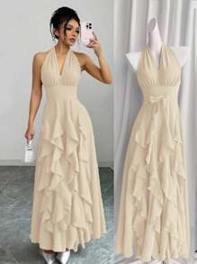 Chiquease Rafferiza Women Red Boho Romantic Elegant Wedding Guest Graduation Birthday Dresses Evening Beach Sun Dress Western Wear Concert Outfit Holiday Travel V-Neck 2025 Spring And Summer New Loose Casual Halter Random Free Straps Original Design Multi-Layered Ruffled Bow Long Maxi Dress - Apricot - View 5