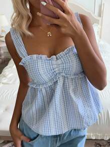 SHEIN EZwear Women's Summer Plaid Frill Trim Loose Tank Top - Pink - View 3