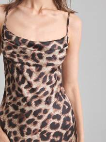 Ontre 优雅无袖豹纹开衩连衣裙，2025 年新款，塔夫绸面料，低胸领口，露背，系带腰部，飘逸裙摆，休闲/商务装，正式礼服 - 棕色 - 查看 7