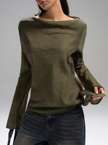 LYSMO 休闲纯色船领长袖前系带 T 恤