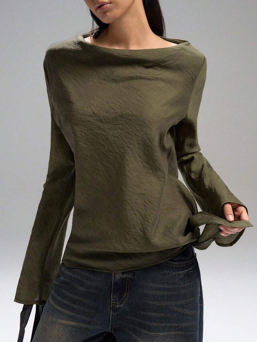 LYSMO 休闲纯色船领长袖前系带 T 恤