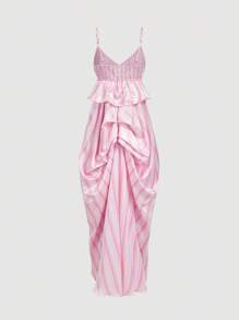 SHEIN MOD 粉色条纹花蕾欧根纱细肩带连衣裙 - 粉色 - 查看 2