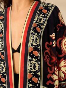 女士民族图腾印花休闲波西米亚风长袖和服，最佳假日搭配 - 彩色 - 查看 6