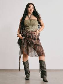 ROMWE Hippie 女式复古嬉皮佩斯利花卉印花蝴蝶腰链不对称下摆加大码 A 字裙