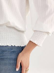 SHEIN LUNE 大码女装返校装女装秋季白色波浪条纹圆领复古服装女式收腰衬衫商务休闲女装秋冬季曲线教师返校装衬衫