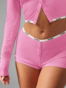 Missguided x Playboy Christmas Ribbed Knit Crop Top And Boy Shorts Pajama Set - Pink - View 6