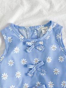 SHEIN Vintaside Kids 女婴花卉格纹圆领上衣和松紧腰短裤两件套 - 藍白色 - 查看 7