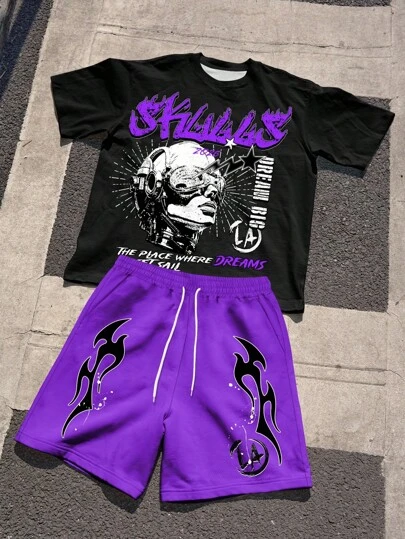 Manfinity EMRG Set de 2 piezas de camiseta de manga corta de cuello redondo con estampado de retrato y letra, y pantalones cortos casuales de verano para hombres